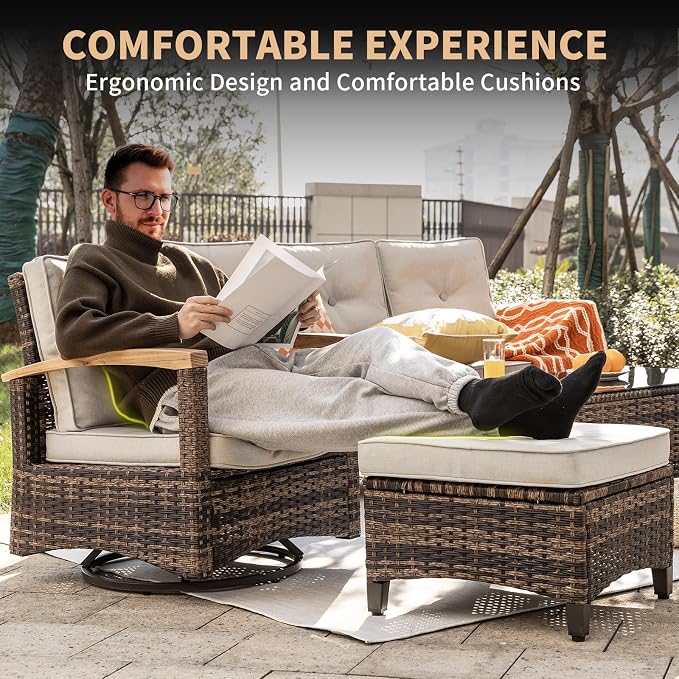 MEISSALIVVE 10 Pieces Outdoor Patio Furniture Sets, Wicker Patio Conversation Sets with 2 Wood Armrests Swivel Glide Chairs,2 Single Chairs, Outdoor Couch and Coffee Table(Beige)