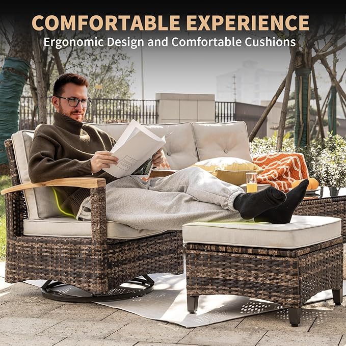 MEISSALIVVE 8 Pieces Patio Furniture Sets, PE Wicker Outdoor Conversation Sets with 2 Wood Armrests Swivel Rocker Chairs, 2 Ottomans, 2 Sofas and Coffee Table(Beige)