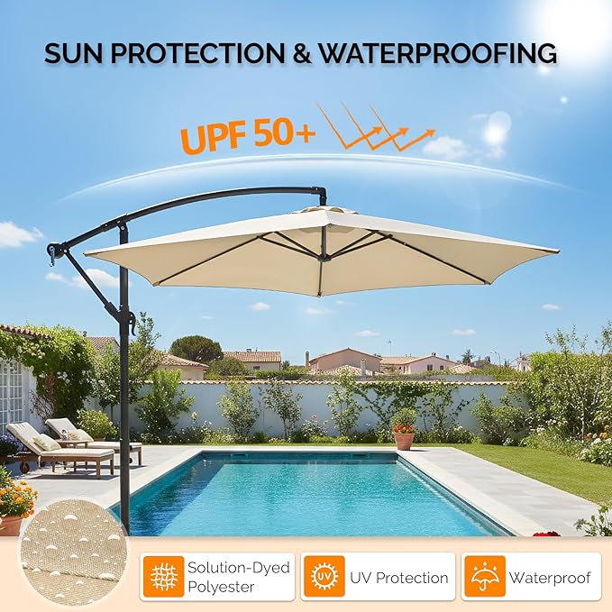 VINGLI 10 ft Cantilever Patio Umbrella, Offset Cantilever Outdoor Umbrella with Solar Lights, Easy Crank & Tilt Adjustment for Backyard, Poolside, Deck