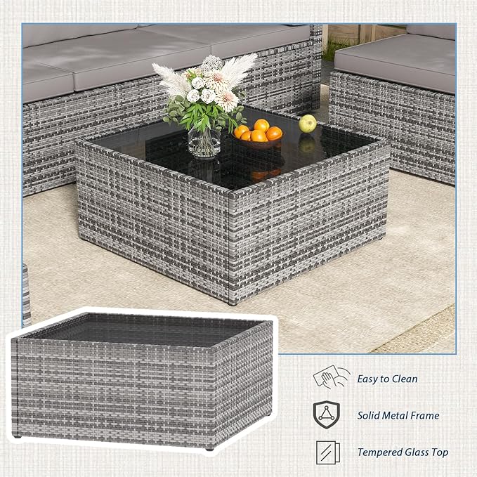 AECOJOY 7 Piece Outdoor Patio Furniture Set, Outdoor Sectional Conversation Furniture Chair with Coffee Table,Patio Sectional for Garden,Backyard(Grey Cushions and Grey PE Rattan)