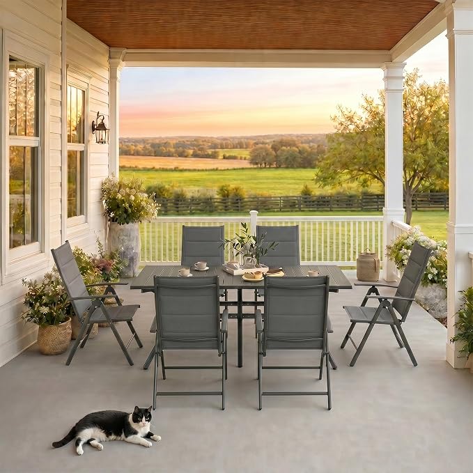 PURPLE LEAF Outdoor Dining Set for 6 Folding Patio Dining Set with Aluminum Rectangular Table and Padded Chairs All Weather Dining Table Sets for Garden Backyard Poolside, Grey