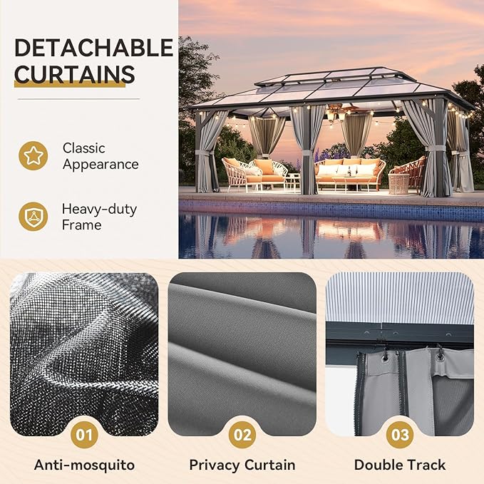 Aoxun 12'x20' Hardtop Gazebo, Outdoor Metal Gazebo with Double Polycarbonate Roof Canopy, Permanent Pavilion with Netting and Curtains for Lawn, Garden, Patio (Gray)