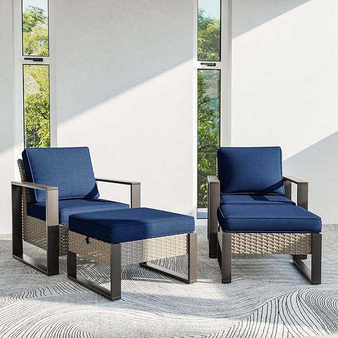4 Piece Patio Furniture Set, Outdoor Wicker Chair and Ottoman, Metal Patio Furniture with Deep Seating, Thicken Cushions for Deck, Porch, Yard Use (Blue, 4 PCS/Chairs)