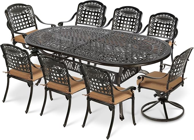 VIVIJASON 9-Piece Patio Furniture Dining Set, All-Weather Cast Aluminum Outdoor Conversation Set, Include 6 Stationary Chairs, 2 Swivel Dining Chairs and an Oval Table with Umbrella Hole