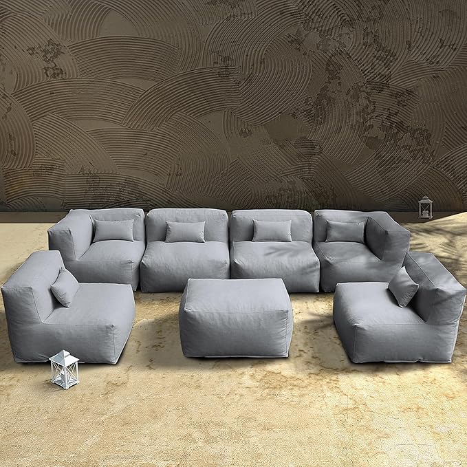 Patio Furniture Set Bean Bag 7 Pieces Outdoor Chairs Sectional Conversation Patio Set Daybed Furniture Outdoor Sofa Couch High Density Foam Filling Modern Comfy Patio Couch, Dark Gray
