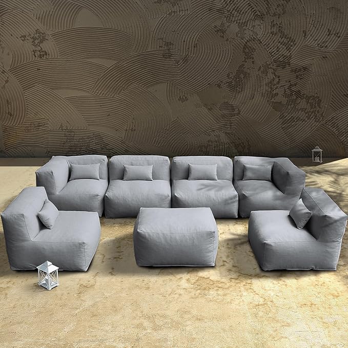 Dineli ANNYH CALALUNA 7Pc Patio Garden Furniture Sectional Conversation Set.Combines 4Middle, 2Corner, 1Ottoman Exp Foam Filled Chairs. A Unique Modular Contemporary Sofa (Dark Gray)