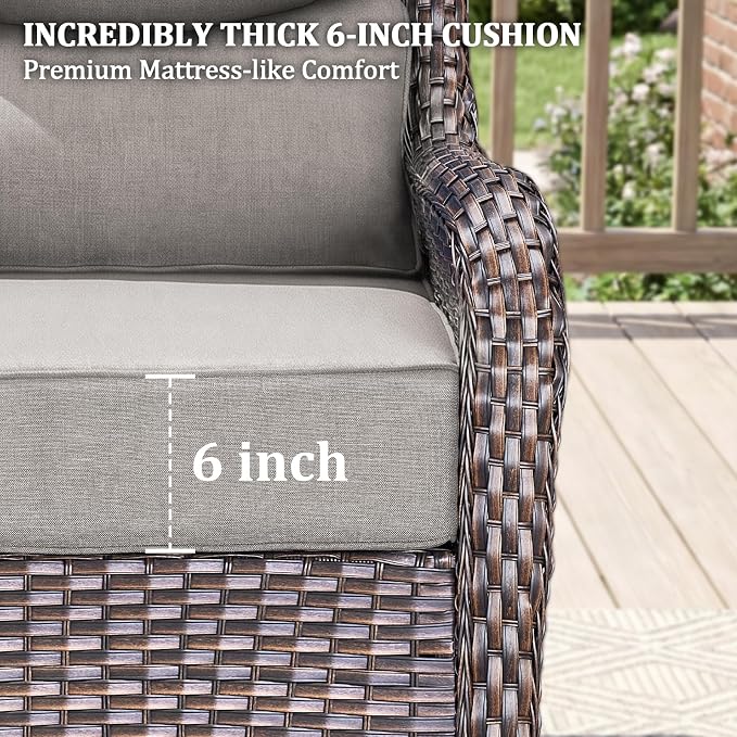 Luxury Swivel Rocker Chairs Set with 6" Thick Cushion 3 piece Wicker Outdoor Swivel Rocker Patio Chair with Side Table High Back Comfortable Outdoor Patio Furniture Set - Brown | Gery
