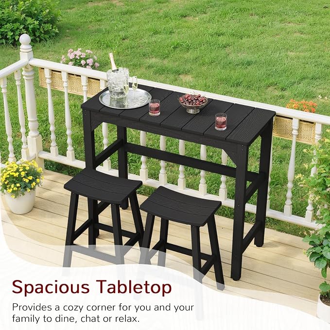 Stoog 3-Piece Patio Bar Set – All-Weather HIPS Outdoor Bar Stools Set of 2, Counter Height Bar Table with Waterproof Top, Fade & Rot Resistant, for Backyard, Deck, Garden, Black