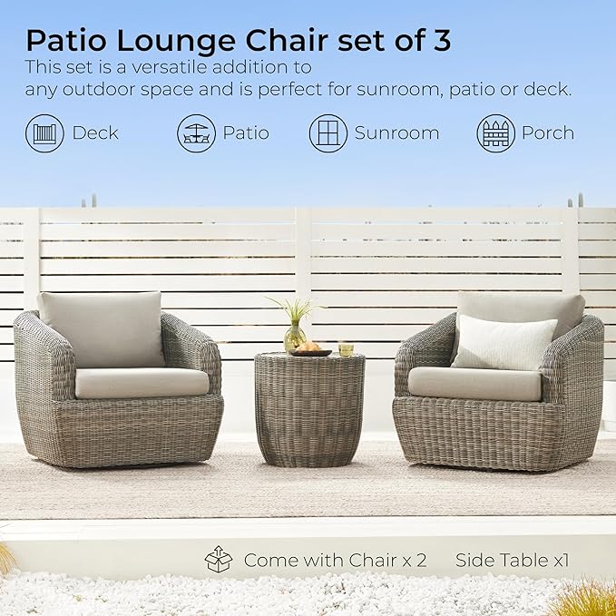 CHITA 3 Pieces Patio Wicker Furniture Set, Outdoor Rattan Bistro Set with Removable Thickened Cushions, Fully Assembled(Gray Cushions with Brownish Gray Wicker)