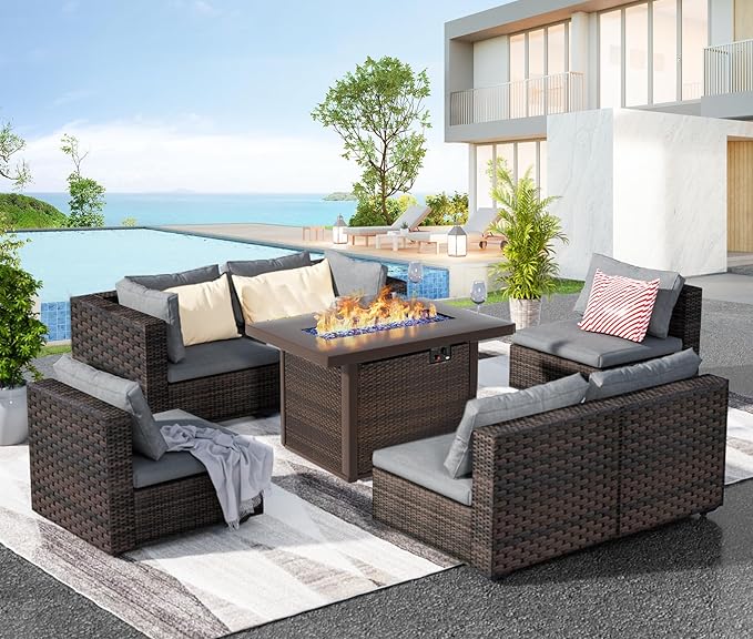 Grezone 7 Piece Patio Furniture Set with Fire Pit Table, Patio Sectional Furniture Sofa Set, Patio Conversation Sets with Cushions and Glass Coffee Table for Garden Lawn Balcony Porch Deck,Grey
