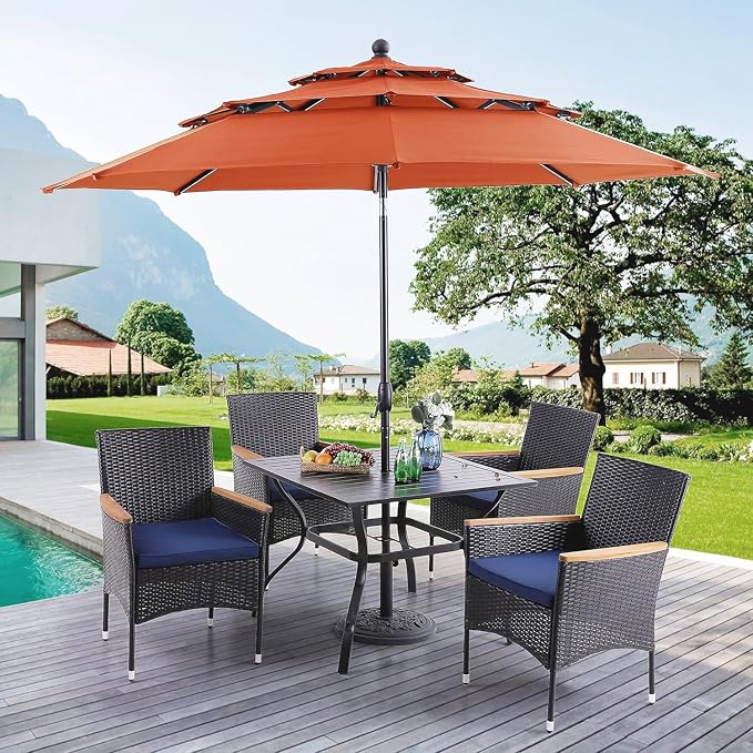 PHI VILLA 5pc Patio Dining Set with Umbrella, Square Table, Rattan Chairs | 37" Metal Table, Cushioned PE Rattan chairs, 10ft Red 3 Tier Auto-tilt Umbrella (Base Not Included)