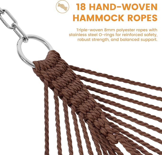Lazy Daze Hammocks 2 Person Caribbean Rope Hammock with Wood Stand, 10.5FT Polyester Hammock with Spreader Bars, 13FT Heavy Duty Stand Combo, 450 LBS Capacity for Outdoor Backyard Poolside, Browm
