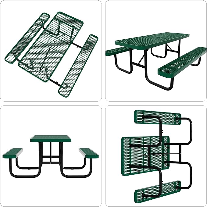Picnic Tables for Outdoors,Commercial Metal Picnic Table Bench Set with Umbrella Hole,School Canteen Tables W/Seats - Heavy Duty Sturdy Picnic Tables Furniture for Patio Garden (Green, 6FT)