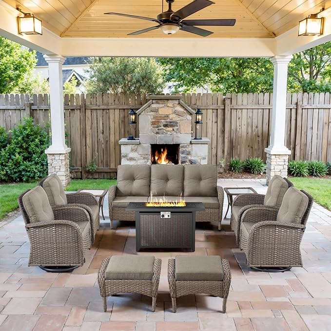 Belord Expansive 10 Pieces Outdoor Patio Furniture Set with 43” Propane Fire Pit Table, Patio Conversation Set with Swivel Rocker Outdoor Chairs Set of 4 and Sofa, Ottoman and Wicker Side Table Gray