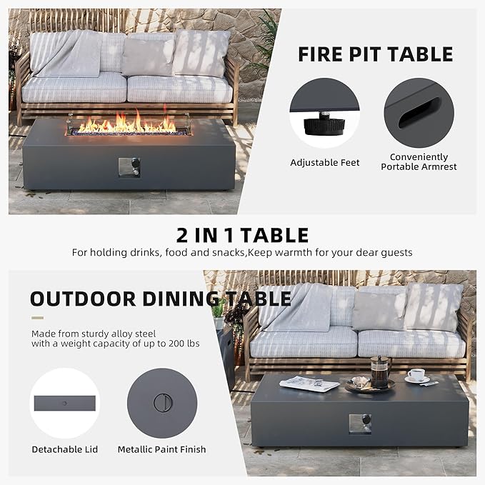 UPHA 9 Pieces Patio Furniture Sets, Wicker Outdoor Sectional Sofa Couch with Rectangle Propane Pit for Deck Backyard Garden, Beige Rattan, Navy Blue Cushion