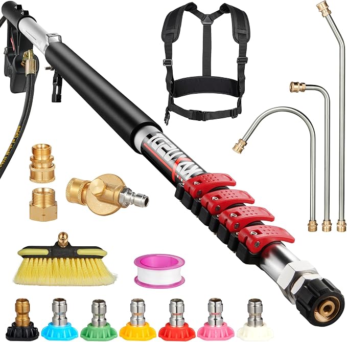 24 FT Pressure Washer Extension Wand, Power Washer Extension Wand with Gutter Cleaner Tools, Brush Head, 7 Spray Nozzle Tips, Support Belt and 2 Hose Adapters, Easy Cleaning from Ground