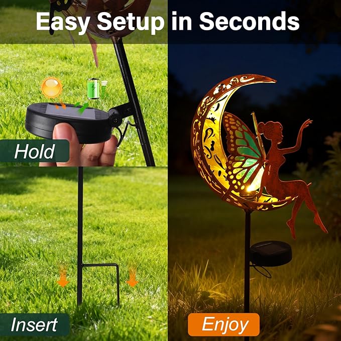 Solar Garden Statues Outdoor Decor with Butterfly Fairy & Moon, Cracked Glass Solar Light Stake, Gradient Wings, Gift for Mother's Day, Housewarming, Pathway & Patio Decor for Yard, Lawn & Garden