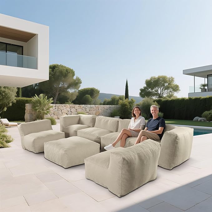 Patio Furniture Set, 7 Pcs Outdoor Conversation Set with Bean Bag Middle Chairs, Corner Chair, Ottomans, Modern Foam Couch Set for Garden, Deck, Balcony (7, Light Beige)