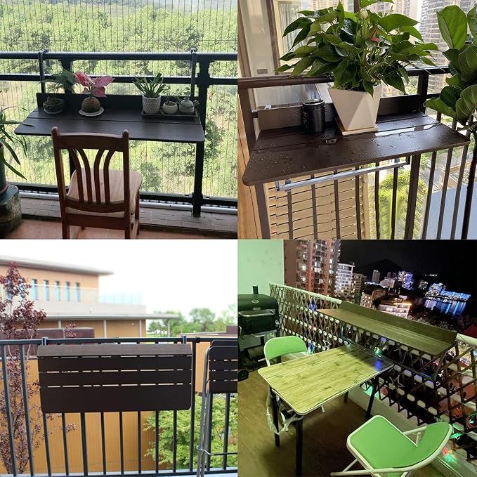 Balcony Bar Table for Railings,Outdoor Side Tables, Balcony Railing Hanging Table Folding Balcony Table Hanging Adjustable Deck Table for Patio, Garden,1.5cm Imitation Wooden