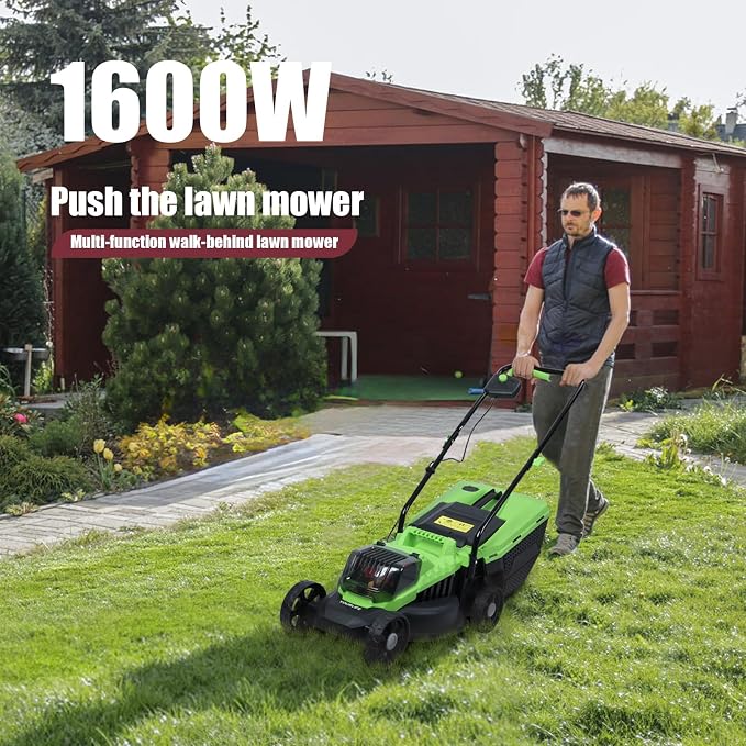 Electric Lawn Mower 1600W Self-Propelled Lawn Mower Cordless Brushless with 30L Grass Tank Brushless Motor Three Adjustable Height 25 45 65mm 3600Rpm US Plug