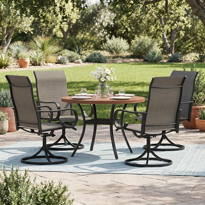 5 Pieces Patio Dining Set, 4 Outdoor Swivel Dining Chairs with 40.6" Round Metal Outdoor Dining Table with Umbrella Hole for Garden Backyard Deck, Mixed Brown & Walnut