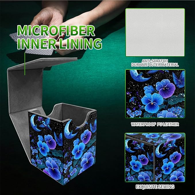 Deck Box for MTG, Cards Storage Box Fits 120+ Sleeved, Leather Medium Size Strong Magnetic Closing Card Case for Board Games Magic TCG CCG Baseball Collection, Blue Flower Bird