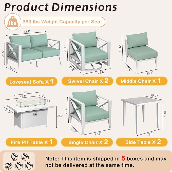 Aluminum Patio Furniture Set with Oversized Fire Pit Table, 9-Piece All-Weather Outdoor Conversation Set with Swivel Rocking Chairs, Oversized Modern Sofa for Backyard,Deck,Balcony–White