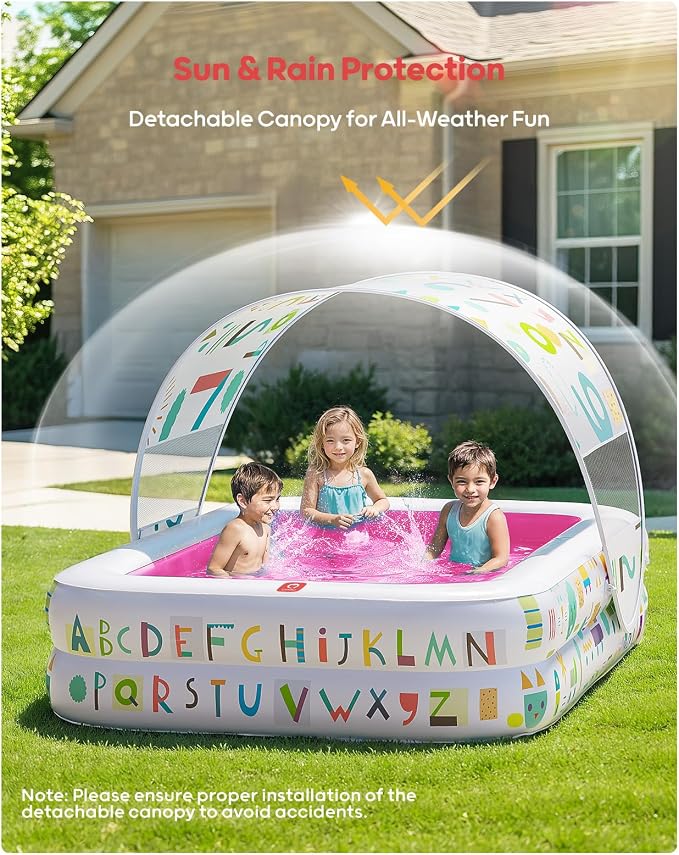 QPAU Kiddie Pool – 65" x 39" Inflatable Pool for Kids & Toddlers, Ball Pit & Baby Pool with Soft Cushioned Floor, Canopy for Sun Protection, Durable Outdoor Play Toys for Backyard & Indoor (Pink)