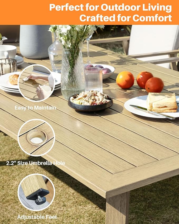 9 Pieces Outdoor Dining Set, Never-Rust Aluminum Patio Swivel Dining Set with Umbrella Hole, 360° Rotation Outdoor Patio Furniture Set, 8 Swivel Chairs and Table for Garden, Yard, Maple Wood