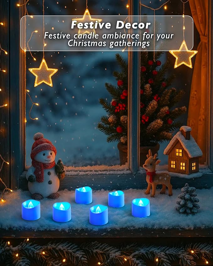 Raycare 24 Pack Blue Battery Operated Tea Lights, 200+Hour Electric Flickering Flameless Candles, Realistic Votive LED Tea Lights for Wedding Party Table Thanksgiving Christmas Decorations