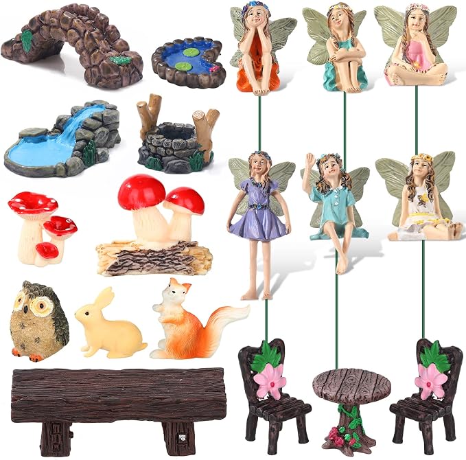 Roowest 19 Pcs Fairy Garden Kit, Miniature Fairy Garden Accessories Outdoor | Small Figurines with Animals Mushroom Pond Bridge, Resin Ornaments, DIY Micro Landscape Decor