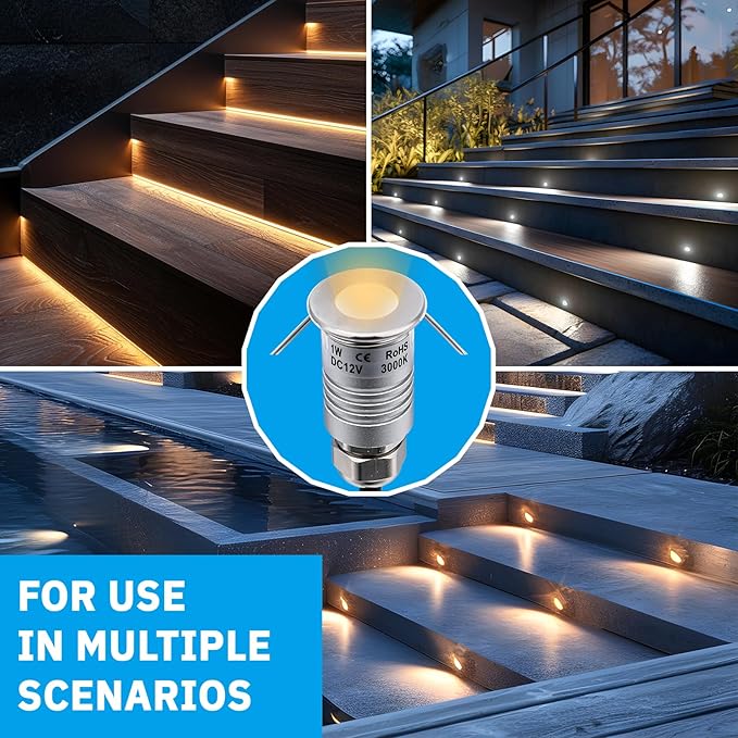 201 Mini Underground Lamp, 1W, DC12V, IP67, Low-Voltage Recessed Type, Stainless Steel 304 Cover, Suitable for Outdoor Grounds, Decks, Squares, Parks, Courtyards (3000K, 6P-A)