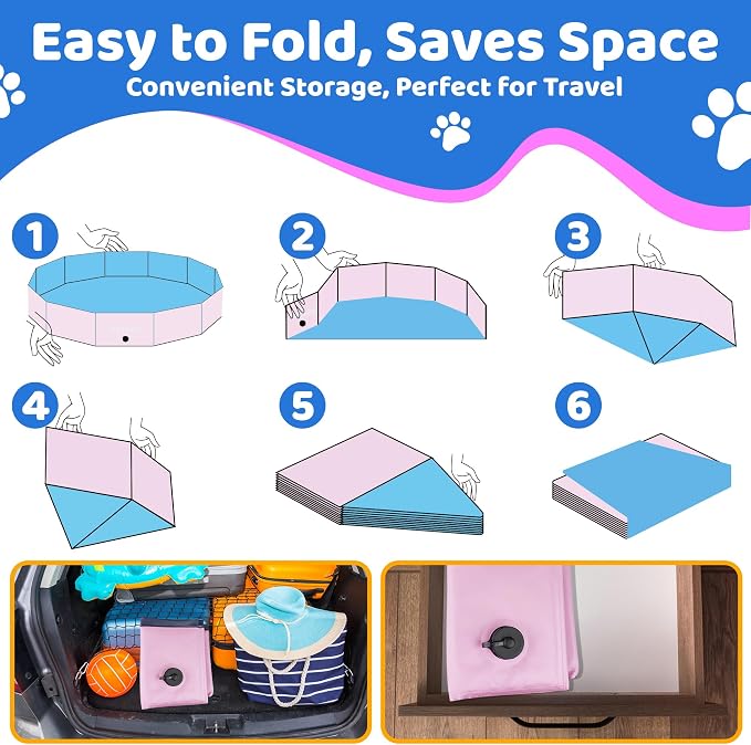 CACSPS 2025 Updated Foldable Dog Pool, 87" x 12" Kiddie Pool with Hard Plastic, Non-Slip Dog Bath Tub for Outdoor Backyard, Collapsible Dog Swimming Pool for Kids Dogs Pets (Pink)