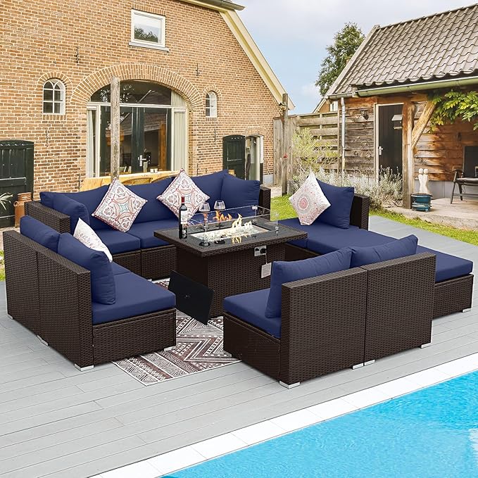 BULEXYARD 11 Piece High Back Outdoor Furniture Set with Firepit, Gorgeous Patio Conversation Set with Ottoman Modular, Large 10-Seats Sectional Couch Sofa for Garden, Brown Rattan & Navy Blue Cushion