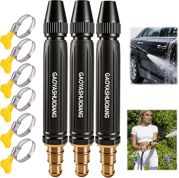 Home High-Pressure Car Wash Water Gun with Booster Nozzle and Fixation, Generic High Pressure Water Gun, Adjustable Spray Settings, for Watering Vegetables, and Car Washing (3pcs) (Pagoda-shaped)
