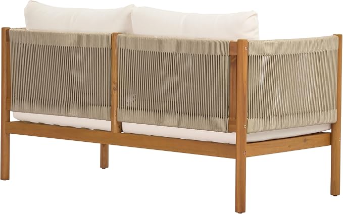 Christopher Knight Home Mayeq 4-Piece Acacia Wood Patio Furniture Set, Outdoor Conversation Sofa Set with Club Chair and Coffee Table, Patio Sectional Chat Set for Backyard Balcony, Teak+Cream