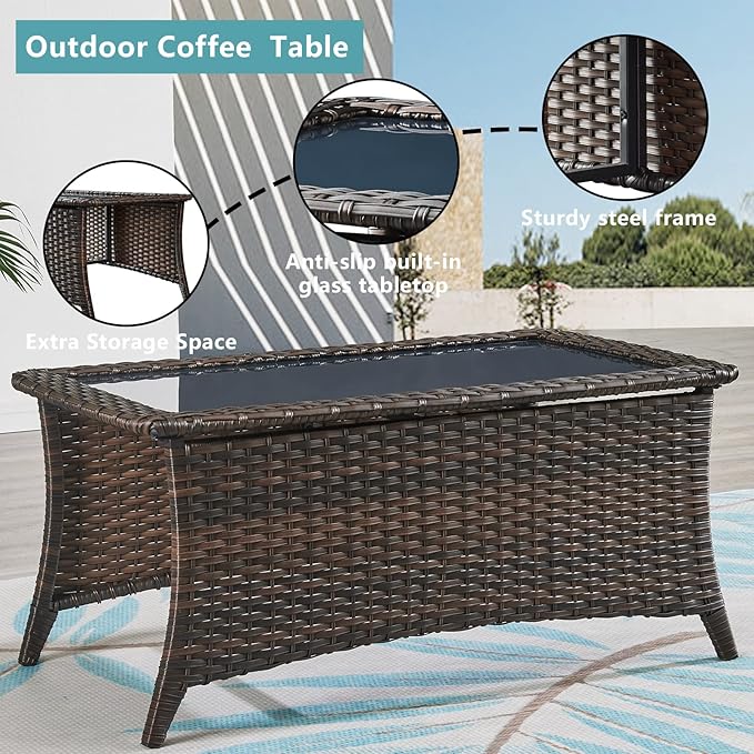 HUMMUH 4 Pieces Outdoor Furniture Patio Furniture Set Wicker Outdoor Sectional Sofa with Swivel Rocking Chairs,Outdoor Coffee Table,Brown/Grey
