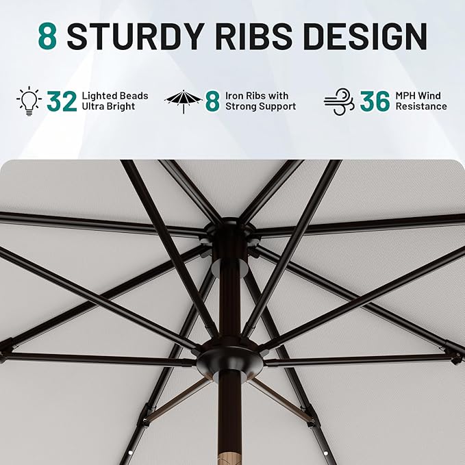 AreShark 9FT Patio Umbrella with Solar Lights, 32 Lighted Pool Umbrella w/Tilt and Crank, Outdoor Market Solar Umbrellas for Garden, Deck, Backyard, Pool and Beach, Cream-White