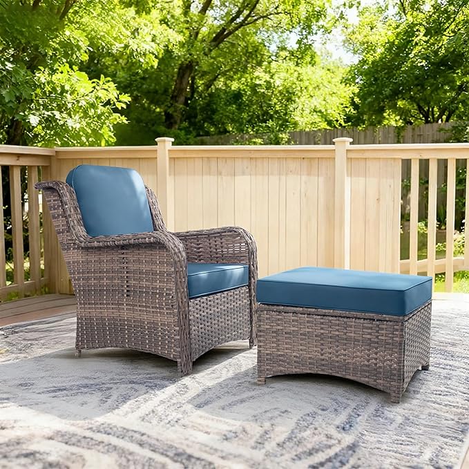 2 Pcs High Back Wicker Patio Chair Set with Ottoman, Outdoor Porch Chair with Thick Cushion for Balcony Deck Yard and Porch, Peacock Blue