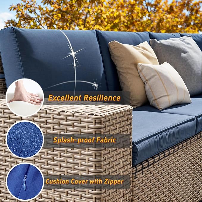 13 Pieces Patio Furniture Set with Fire Pit Table, Outdoor Sectional Wicker Sofa with Thickened Cushions and Coffee Table, High Back Rattan Patio Conversation Sets, Navy