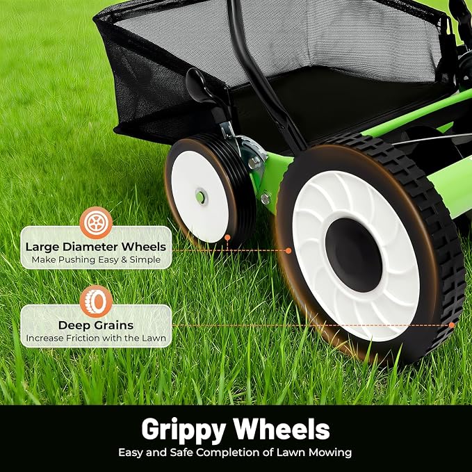 Lawn Mower, 5-Blade Walk Behind Reel Mower Cordless Manual Lawn Mower Hand Push Grass Cutter Machine with Grass Catcher, 16in Cutting Width, Adjustable Height for Garden Yard Park
