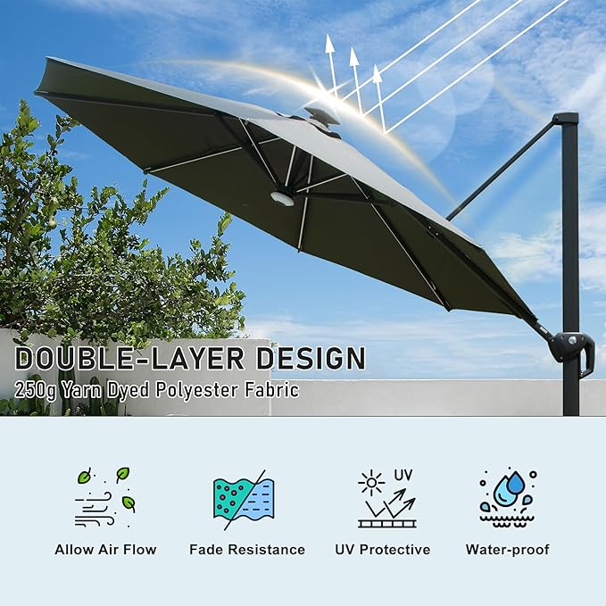 Domi 10FT Cantilever Patio Umbrella Solar Powered LED Round Deluxe Offset Umbrella, Aluminum Hanging Umbrella with 360°Rotation, Outdoor Market Umbrella for Outside Deck Backyard Garden Pool, Gray