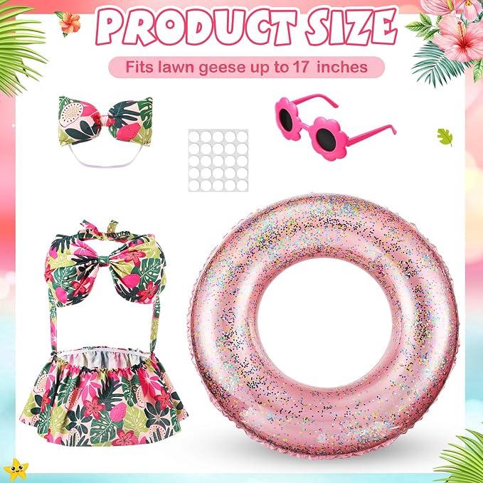 FuWeave Bikini Porch Goose Outfits with Sunglasses and Swimming Tube for 23" Hawaiian Flower Summer Goose Costume Garden Patio Statue Decor