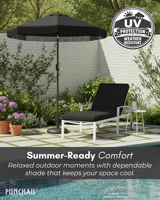 6 Ft Fringe Patio Umbrella - Outdoor Umbrella for Patio, Pool, Table, Garden, & Deck, Push Button Tilt Pole - Fashionable Vintage Tassels - White