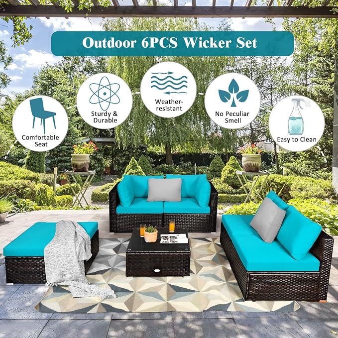 COSTWAY 6-Piece Outdoor Patio Furniture Set, Rattan Sectional Sofa Set with Tempered Glass Coffee Table, Cushions and Ottoman for Garden, Deck, Backyard (Turquoise)