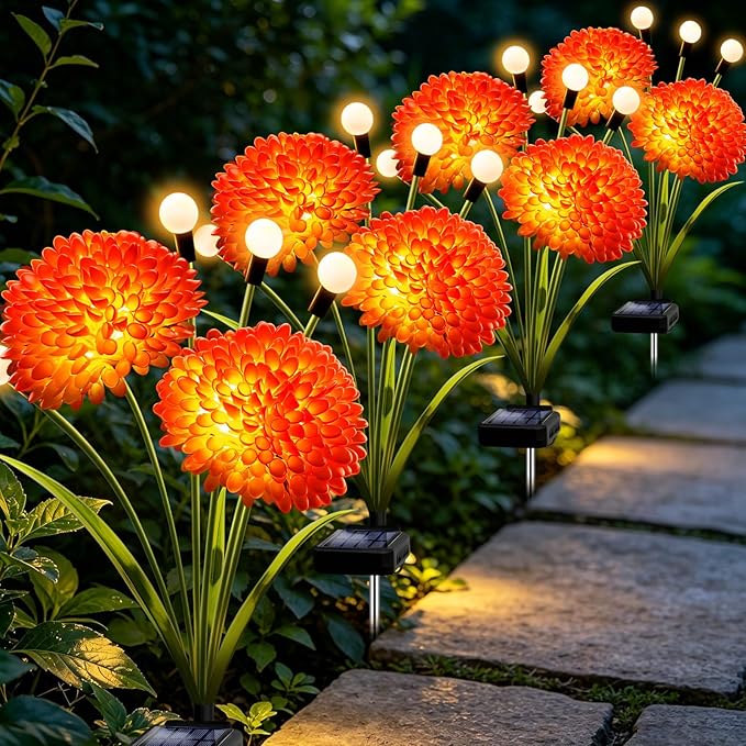 Solar Firefly Lights Outdoor Waterproof, 4 Pack Solar Flowers Swaying Lights with Flowers, Flower Light Garden Decor for Outside Yard Patio Halloween Christmas, Gifts for Women Grandma