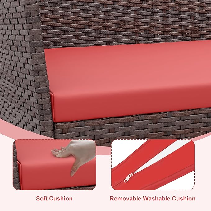 IDEALHOUSE Patio Furniture Set, 4-Piece PE Rattan Wicker Patio Set with Cushions and Glass Table, Outdoor for Porch, Garden, Balcony, Modern Outdoor Patio Furniture Set, Brown & Red