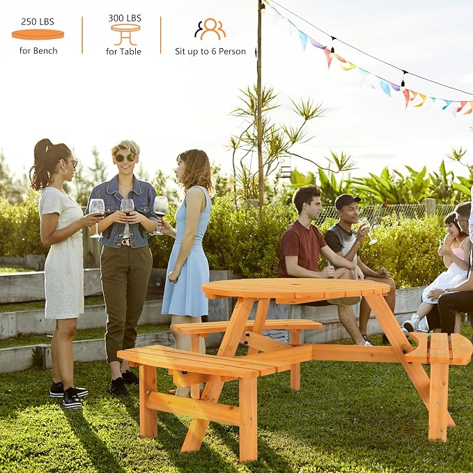 VINGLI 6 Person Wooden Picnic Table, Cedar Wood Patio Table with 3 Built-in Benches, 300LBS Capacity Outdoor Picnic Table Set with Umbrella Hole for Garden, Patio, Backyard, Natural