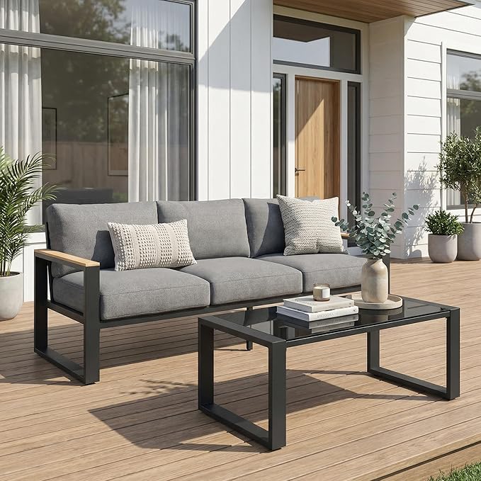 RoyalCraft Aluminum Outdoor Patio Furniture Set with Height-Adjustable Footrest, 3-Seats All-Weather Patio Sofa Sets with Coffee Table for Porch Backyard Garden Patio, Grey