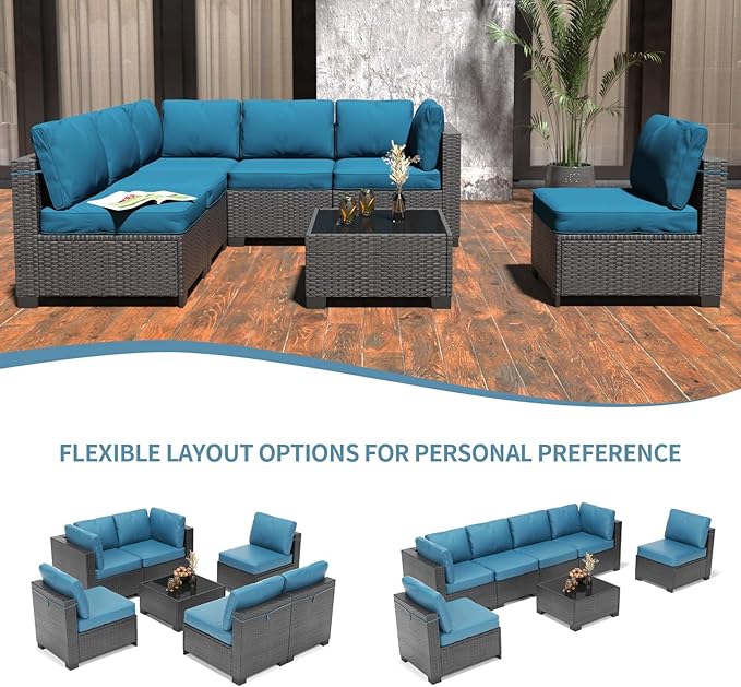 7 Piece Outdoor Patio Furniture Set, PE Rattan Conversation Sofa Set, Wicker Patio Set w/Thick Cushions & Glass Top Coffee Table, All-Weather Outside Furniture for Garden, Balcony, Porch(Dark Curry)